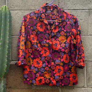 Vintage Floral Handmade 1960's 1970's Button Up Blouse Shirt Small Medium